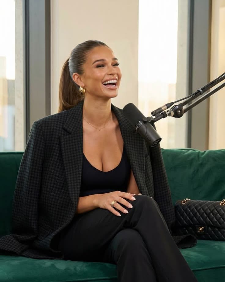 A founder laughing mid-interview at a studio microphone
